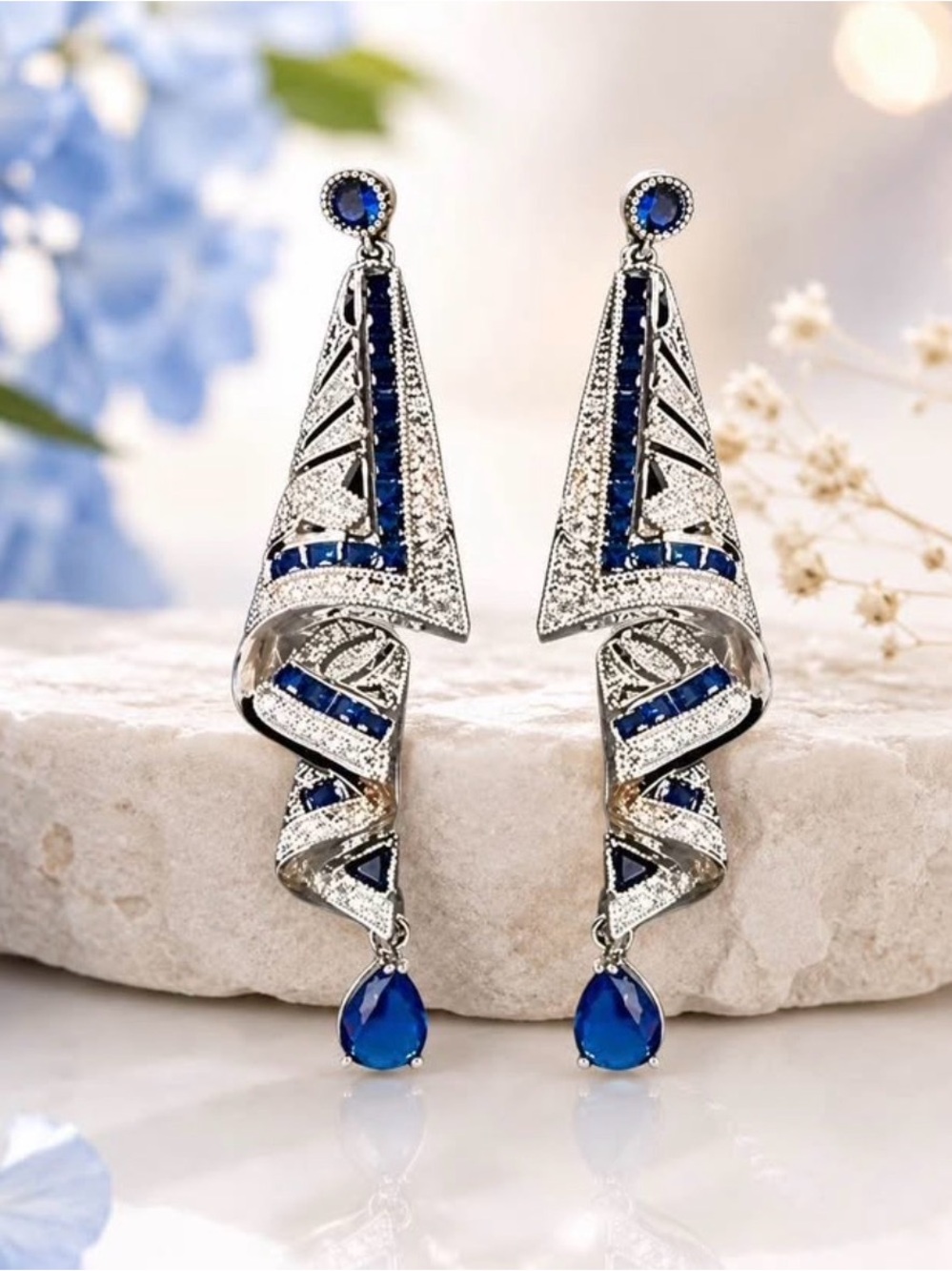 Art Deco Style Silver & Sapphire Blue Spiral Drop Earrings Stud Earrings